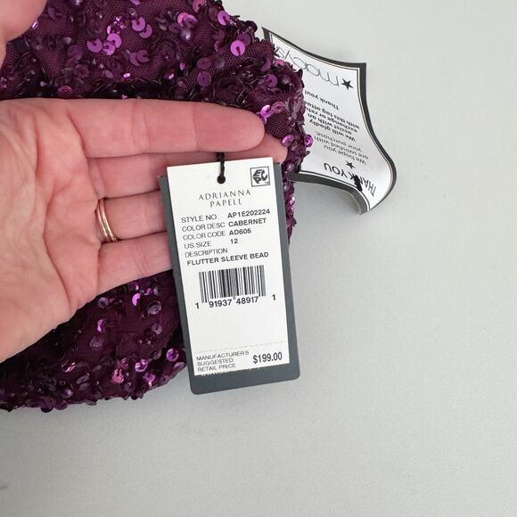 Adrianna Papell Cabernet Purple Sequin Beaded Flutter Sleeve Cocktail Dress 12 - Picture 9 of 9